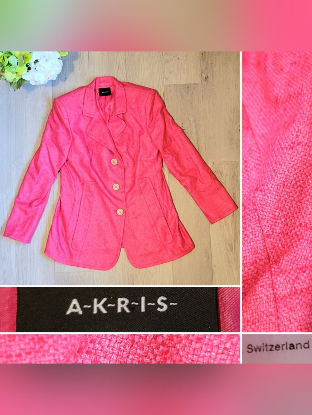 Akris Silk Cashmere Tweed Textured Hot Pink Raspberry Blazer Jacket, Women US 12